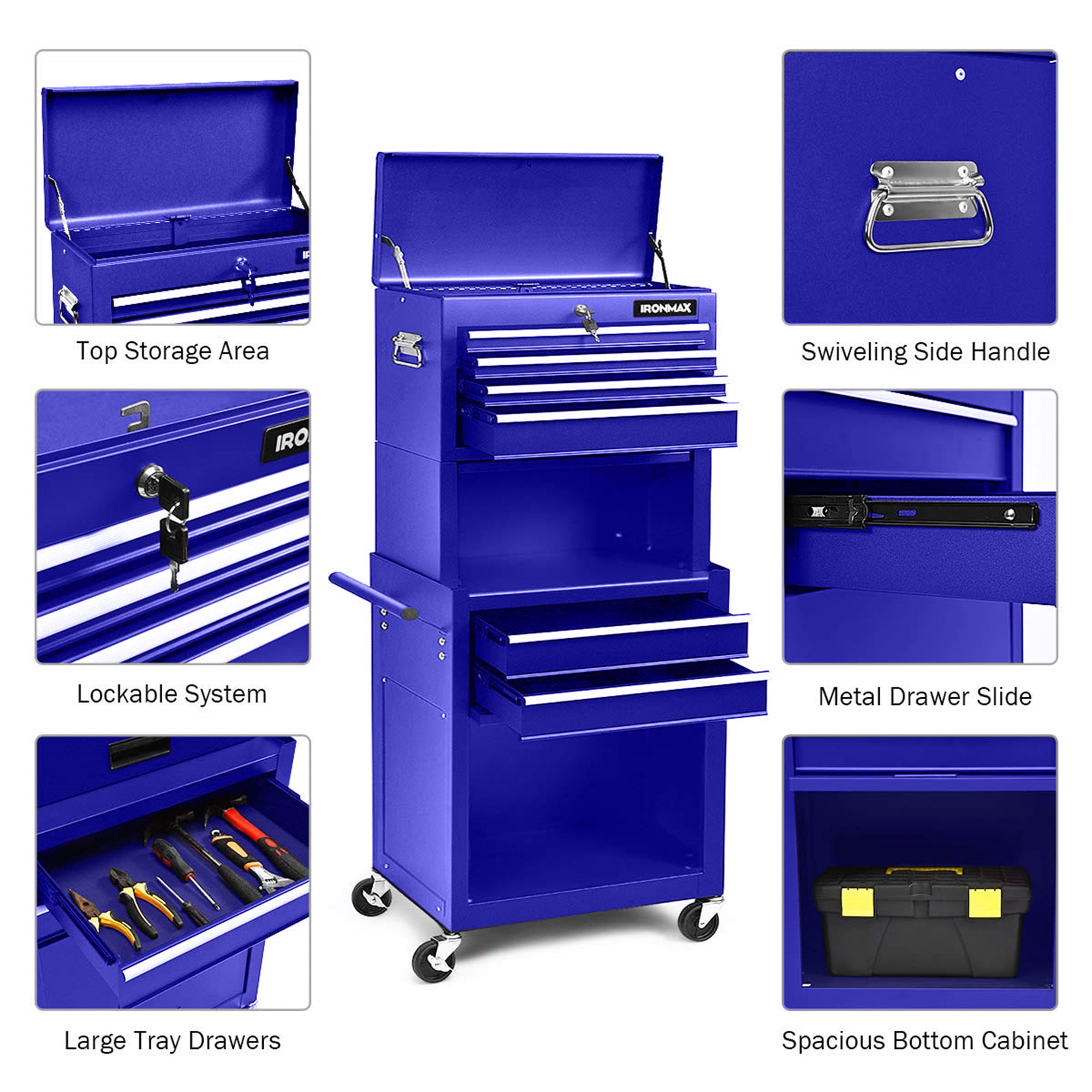 Aukfa Tool Box, 3 in 1 Steel Rolling Tool Chest w/ 6-Drawers & 2 Cabinet for Garage Workshop, Blue
