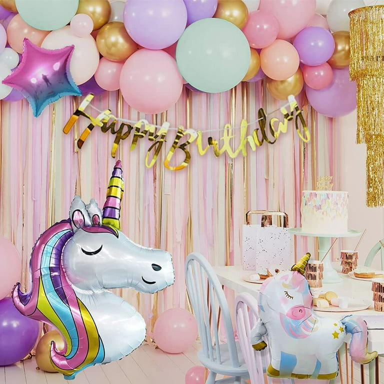 Unicorn Birthday Decorations for Girls - Unicorn Party Supplies Kit with  Foil Unicorn Balloon, Happy Birthday Banner and Paper Fans 
