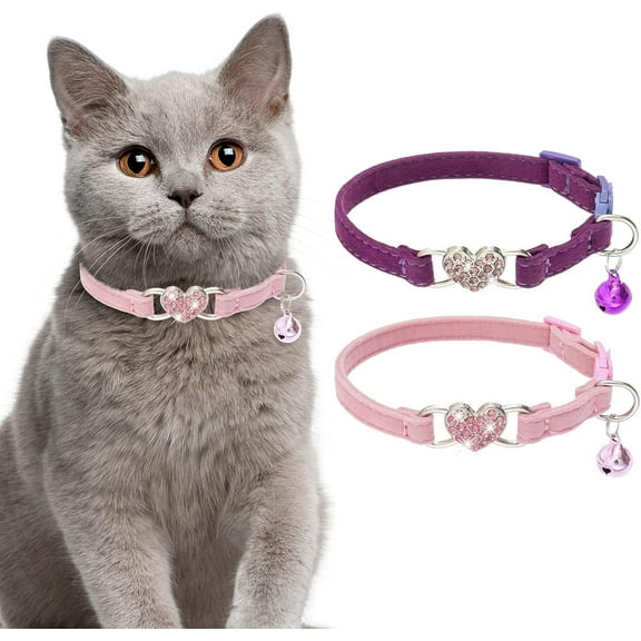 Minzimin Cat Collar Breakaway with Bell, Pack of 2 Heart Bling Collar Safety with Soft Velvet Adjustable for Kittens