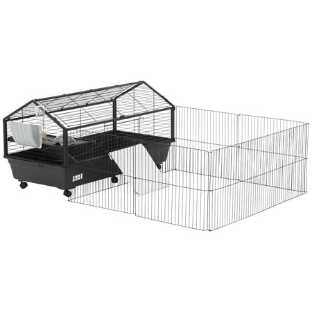 UPC: 0842525144186 | Pawhut Rolling Metal Small Animal Hutch Cage with Main House and Run  47  L