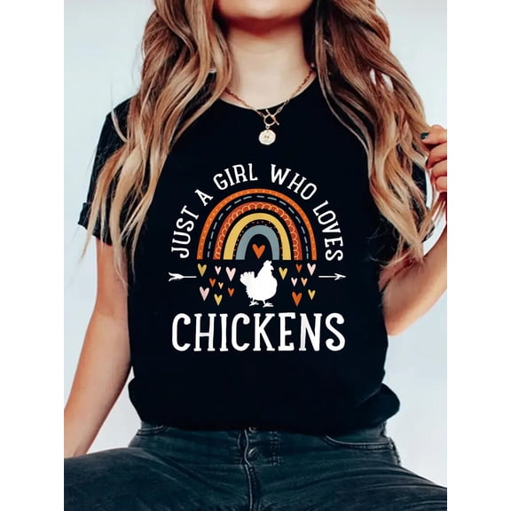 100% Cotton Just A Girl Who Loves Chickens Rainbow Gifts Chicken Lover T-Shirt Women's Men's Graphic Tee Casual Tops