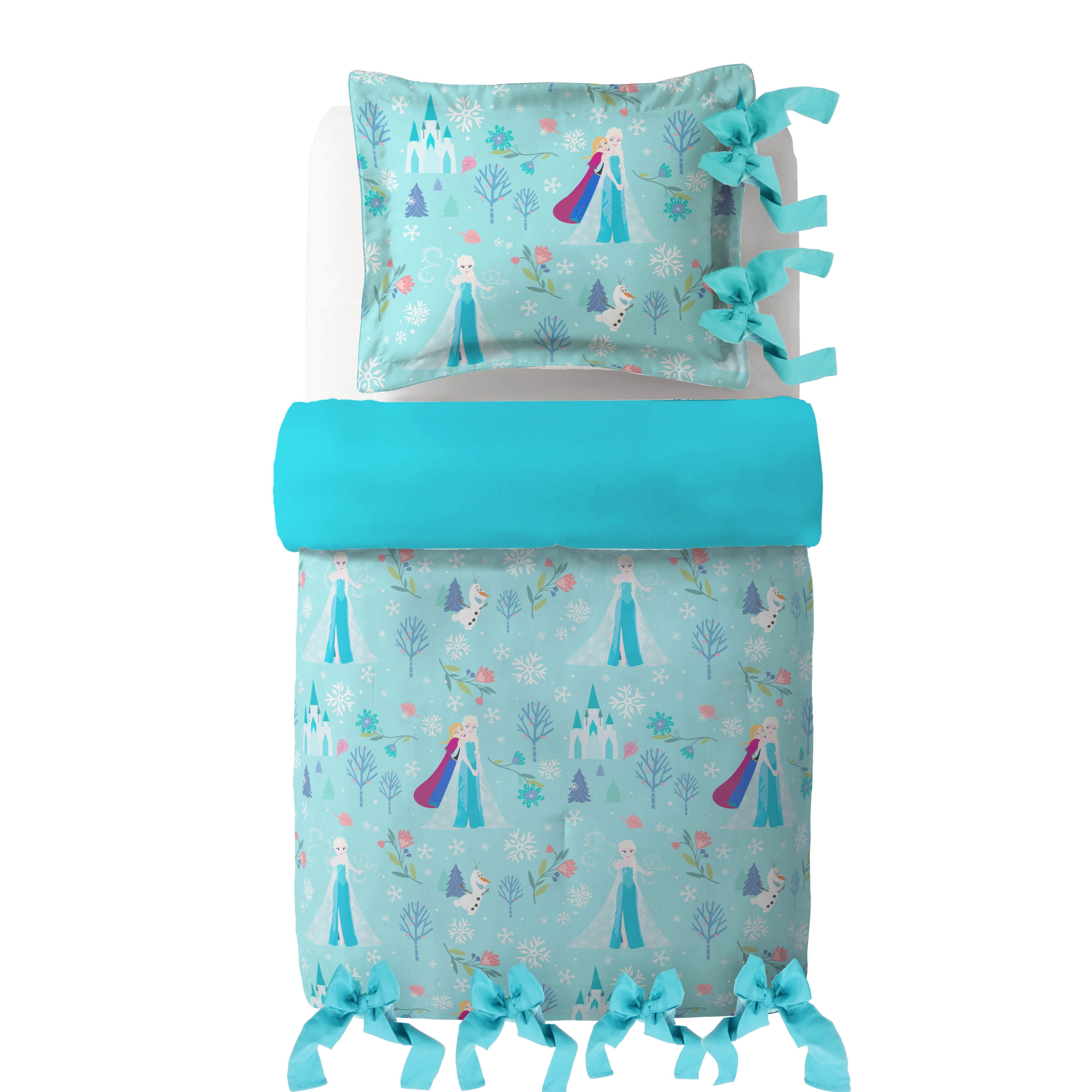 Disney Frozen Icy Adventure Reversible Comforter and Sham Bedding Set With Ribbons, Blue, Twin/Full
