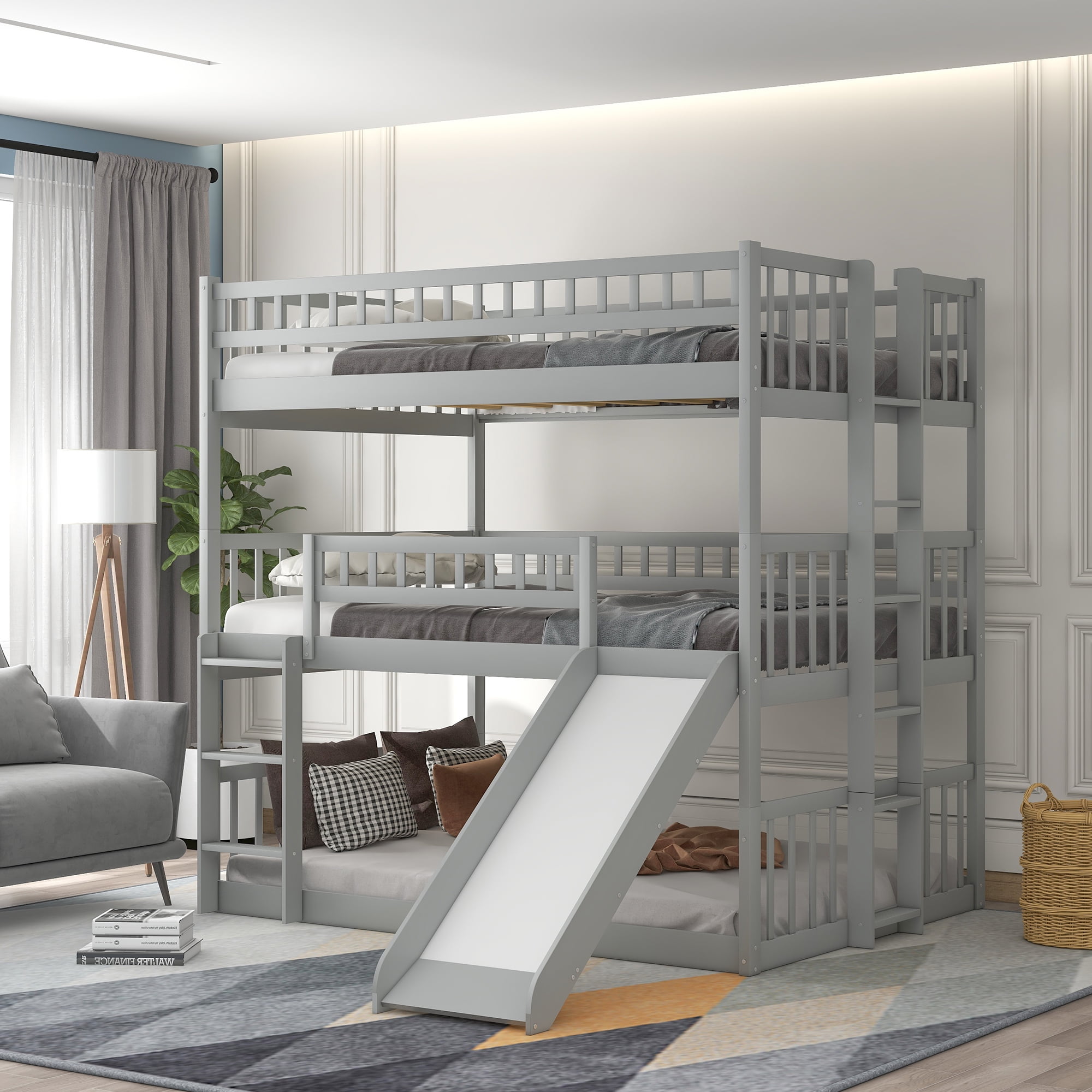 Buy Wooden Triple Bunk Bed, Full/ Twin Triple Bunk Bed with Builtin