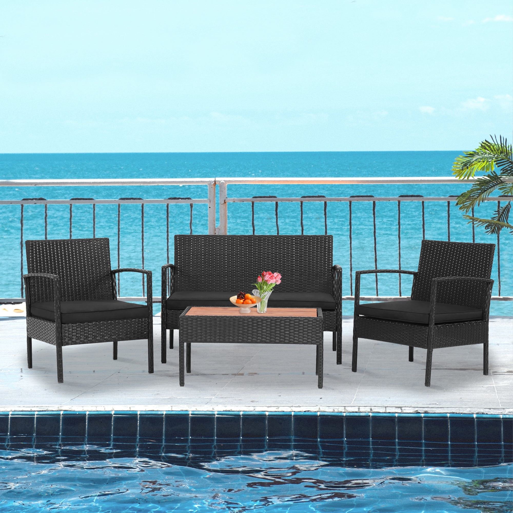Gymax Fashion 4PCS Rattan Patio Conversation Furniture Set Outdoor Sofa Set w/ Black Cushions