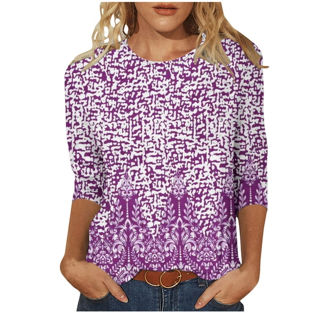 HKEJIAOI Chemises à Manches 3/4 pour Femmes Col Ras du Cou Blouse d'Été à Imprimé Floral S