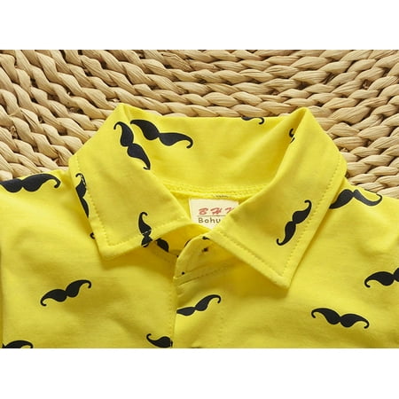 

Kids Boys Summer Short Sleeved Shirt T-shirt Capris Suit Fashionable Mustache Printed Lapel Shirt Capris Two-piece Set
