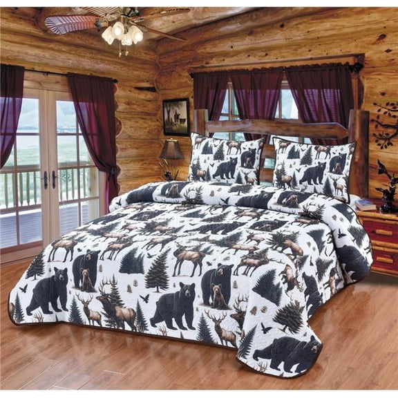 De Leon Collections 63840 Woodland Harmony Forest Rustic Nature Black Bear and Elk Decorative Bedding Set Queen Quilt 2 Pillow Shams