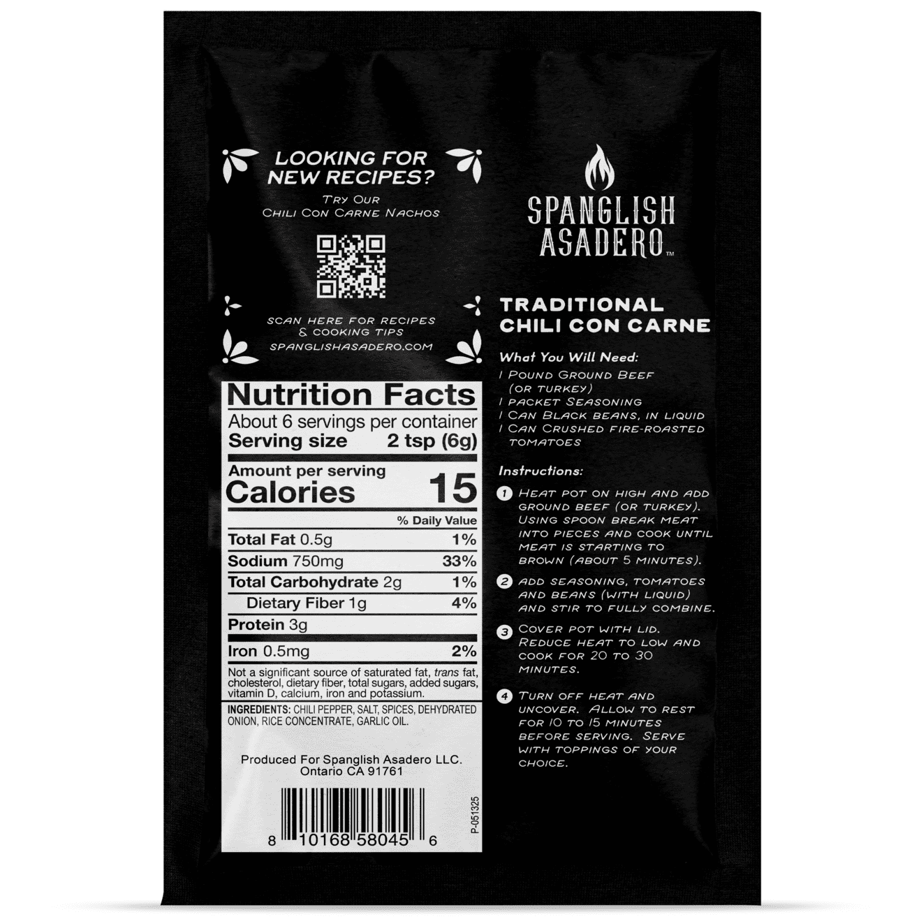 (5 pack) Spanglish Asadero Chili Con Carne Seasoning Blend with Chilis, Garlic, and Onion, 1.2 oz Packet