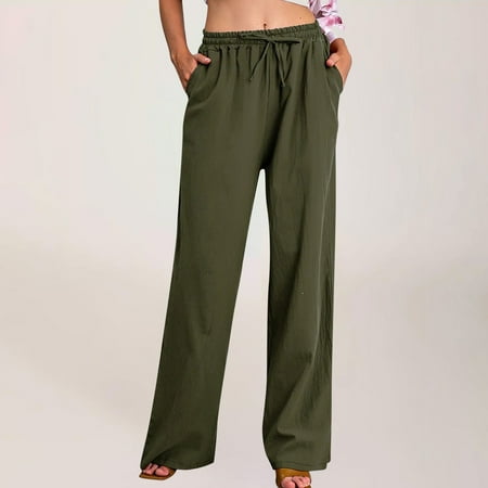 

TIANEK Casual Solid Cotton Linen Drawstring Elastic Waist Long Wide Leg Plaid Pajama Pants Reduced