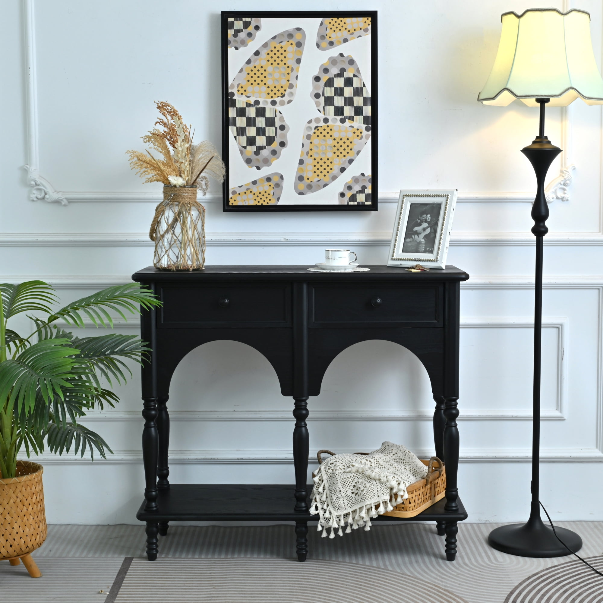 Leumius 39.37" Accent Distressed Black Solid Wooden Table, Classic Arched Design Turned Legs Storage Console Table with Open Shelf and 2 Drawers for Living Room