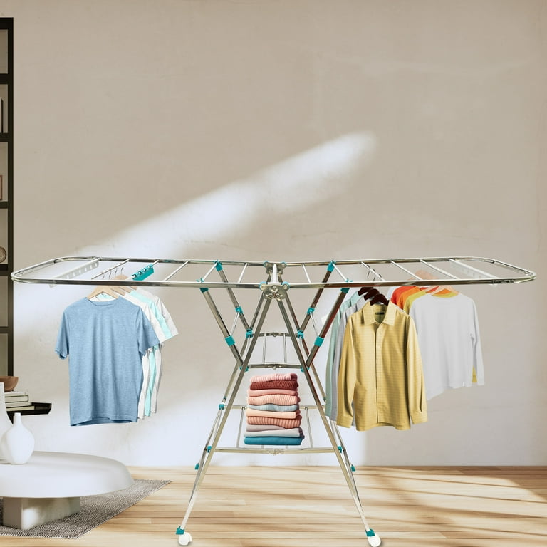 Clothes Drying Rack with Wheels 3 Level Stainless Steel Laundry Drying Rack with Height Adjustable Wings 24 Drying Rods Sock Clips Freestanding Large Drying Rack Walmart