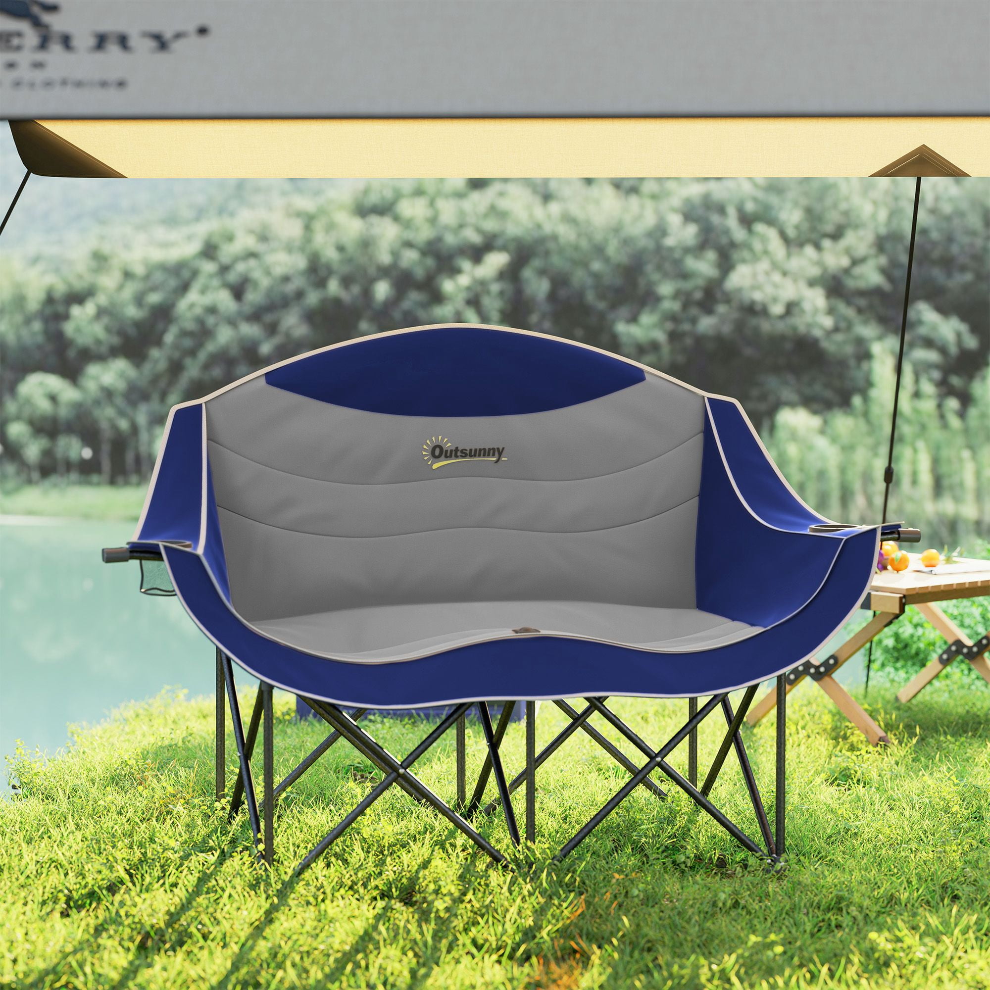 Padded Folding Camp Chair for Adults, Double Camping Chairwith Armrests, Cup Holders, Carry Bag for Outdoor, Blue