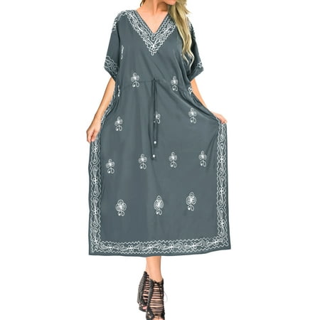 Embroidered Maxi - Womens Boho Plus Size Embroidered Party Rayon Long Caftan Evening Wear Summer Loose Dress Kaftan