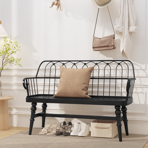 CBJCBJ Rustic Farmhouse Solid Wood Entryway Bench with Spindle Back, Small Indoor Wooden Dining Bench, Black