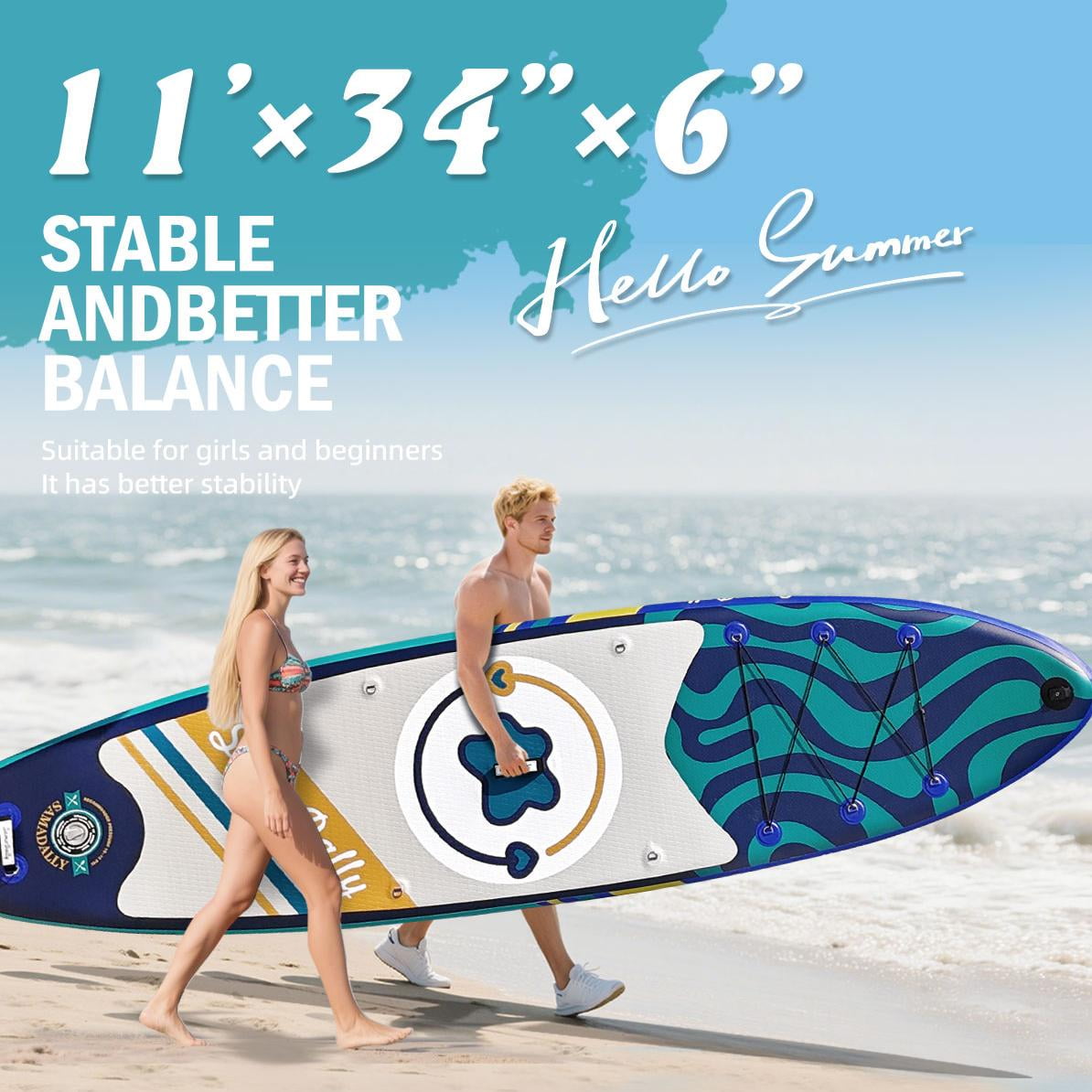 SamamDally 11' Inflatable Paddle Boards for Adults, 34'' Wide All-Around SUP Boards with Premium Accessories, Adjustable Paddle, Removable Fins, Hand Pump & Waterproof Bag (Navy Blue)
