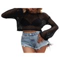 thumbnail image 2 of Haut en Résille Transparent pour Femmes Été Crochet Creux Manches Longues Crop Top Blouse en Maille, 2 of 6