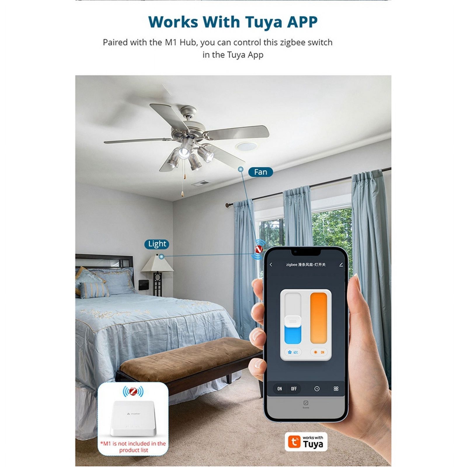Zigbee Smart Fan Light Switch 1 Gang Touch Control with Slider Control Fan Speed Neutral Required Work with Tuya APP B