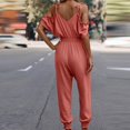 thumbnail image 5 of Gaecuw Dressy Jumpsuit for Women 2023 Short Sleeve Overall with Pockets V Neck Band Collar Solid Onesie One Piece Outfits Loose Baggy Long Pants Wide Leg Summer Romper Pull On Calf Length Trousers, 5 of 5