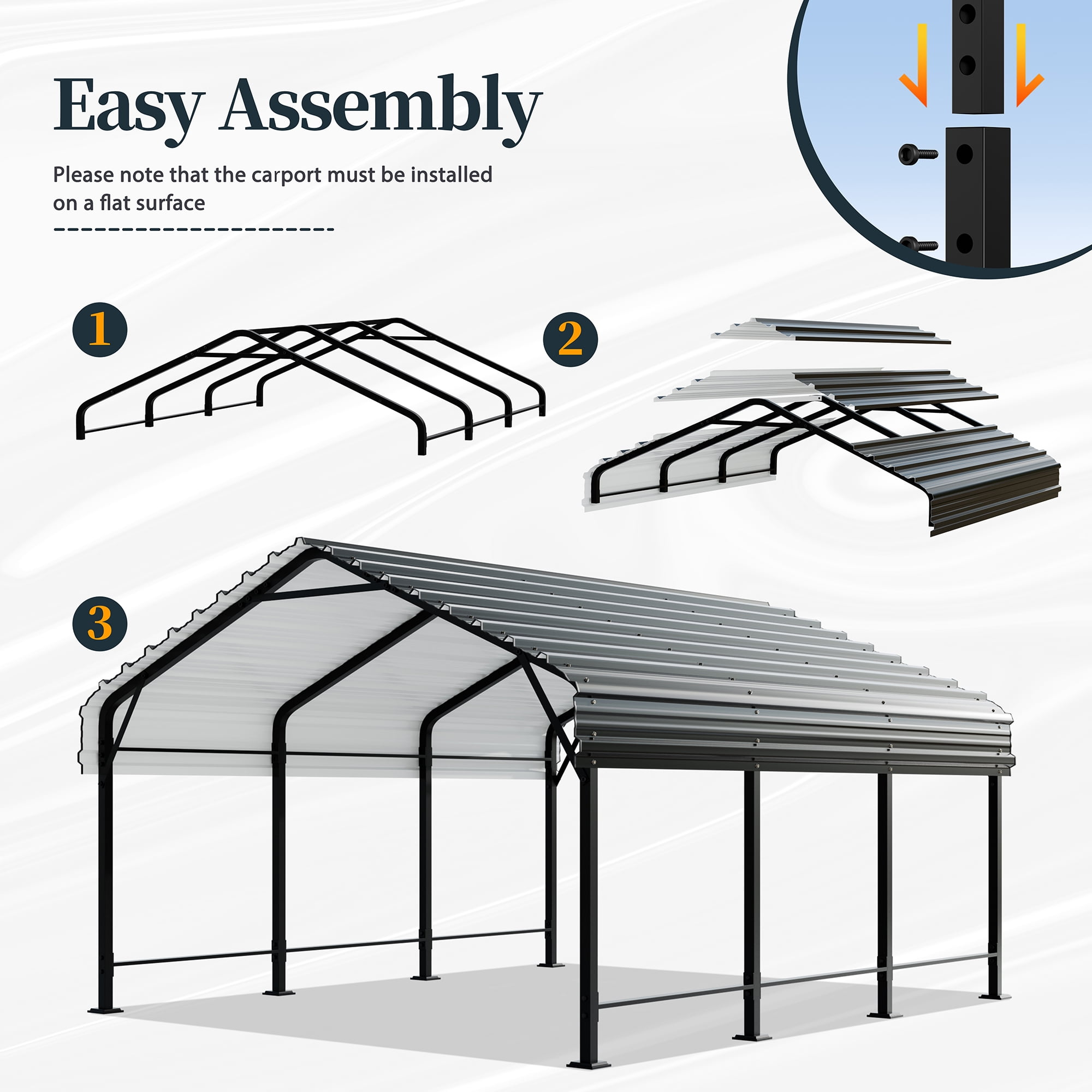Walsunny Steel Carport 12X15 FT Heavy Duty Carport Canopy with Galvanized Steel Roof and Frame Metal Carport