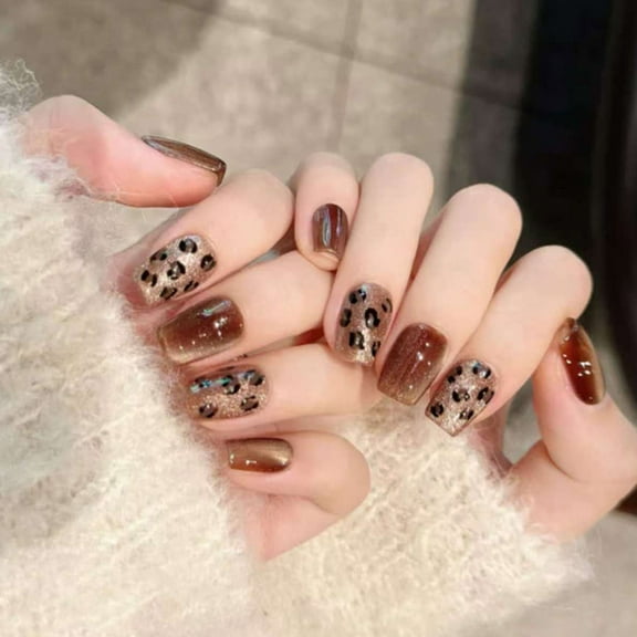 24x Leopards Print Full Covers False Nails Glittering Press On Nails Acrylic Nails Cats Eye Stick on Nails for Party