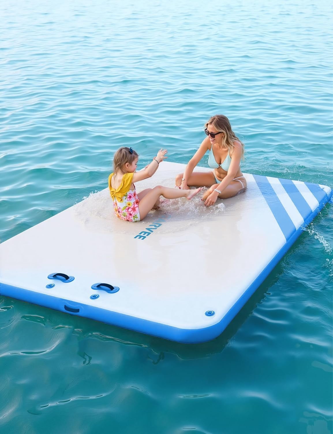 Inflatable Floating Dock 4 Sizes (6x5ft to 10x10ft) - Heavy Duty Swim Platform for Lake/Pool/Ocean, Non-Slip EVA Mat with Manual Pump & Ladder, Interconnectable Floating Islands for 2-10 People