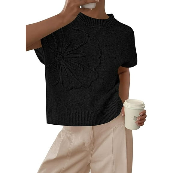 PRETTYGARDEN Women's Spring Sweater Vest Trendy Flower Knit Short Sleeve Cute Pullover Tank Tops Summer Fashion Clothing