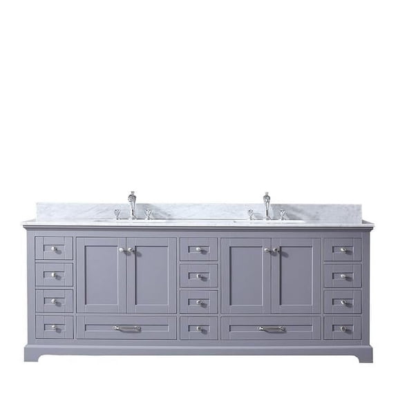 84 in. Dukes Double Vanity with White Carrera Marble Top, White Square Sinks & No Mirror - Dark Grey