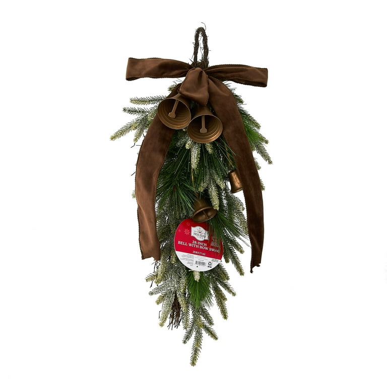 Bells, Bow, and Greenery Decorative Christmas Door Swag, Green and Brown, 28", by Holiday Time