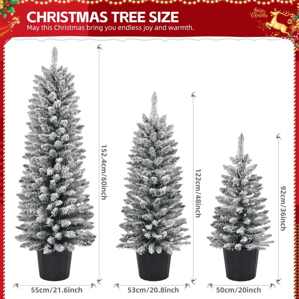 3-Piece Pre-Lit Flocked Christmas Tree Set - Warm White LEDs, Snowy Green PVC Branches, Flame-Retardant, Holiday Decor for Home/Living Room/Entryway