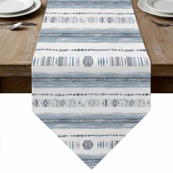 White Blue Brush Table Runner Linen Burlap Table Runner 36 Inches Small Modern Abstract Vintage Texture Dresser Scarves for Kitchen Island Coffee Dining Party Wedding Banquet Holiday Decor 13"x36"
