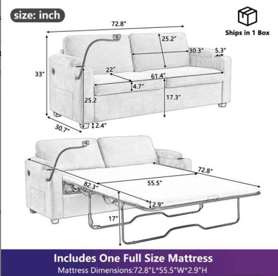 Euroco 72.8" Corduroy Sleeper Sofa Loveseat Sofa with Full Size Mattress, Two USB Ports, Two Cup Holders, Two Side Pockets and a Phone Holder for Living Room