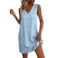 thumbnail image 2 of Lovzfmll Women's Pocket V Neck Sleeveless Shift Mini Dress, Loose Casual Vacation Dress Blue, L, 2 of 9