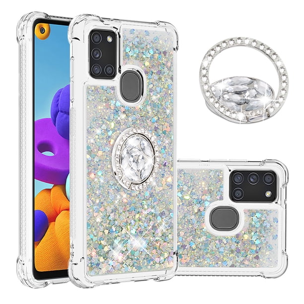 Funda para Samsung Galaxy A21S con Brillo Líquido Flotante, Purpurina, Parachoques y Anillo Giratorio Soporte