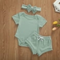 thumbnail image 4 of Ensemble de Trois Pièces pour Enfants de Couleur Unie Col Rond Manches Courtes Romper + Pantalon + Bandeau (Rose/blanc/vert/café), 4 of 5
