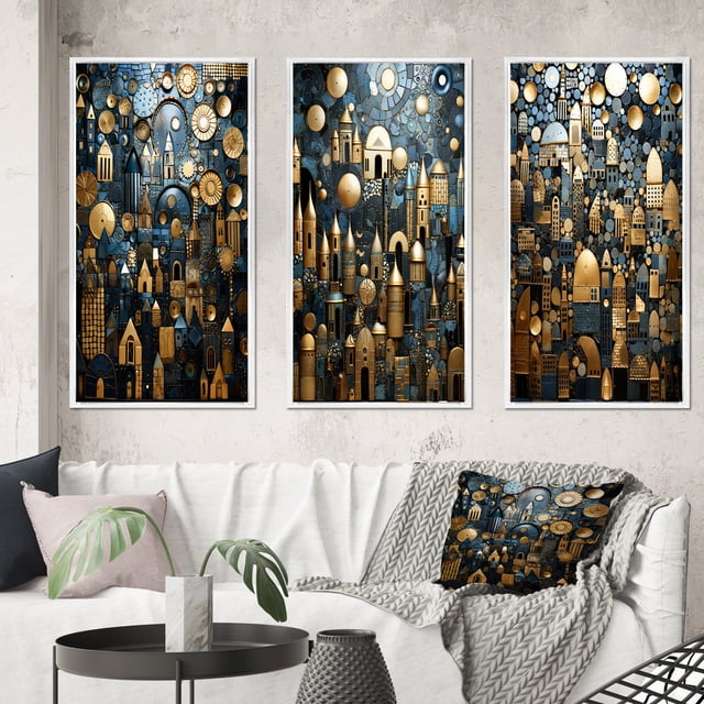 Designart "Vintage Castle Cityscape Gold and Blue III" Abstract Landscape Framed Wall Art Set Of 3 - Gold Abstract Landscapes Frame Gallery Set For Office Decor