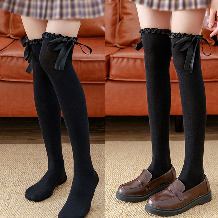 SIEYIO Women Lolita Thigh High Stockings Harajuku Kawaii Satin Ruffled Top  Ribbon Bowknot Uniform Over Knee Socks 