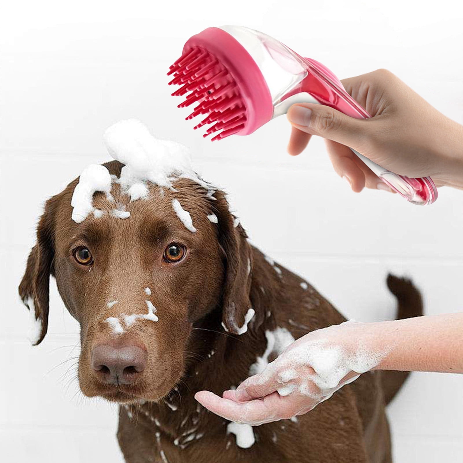 Pet Bath Brush,3x7Inch 2 in 1 Dog Bath Brush with Built-in Shampoo Dispenser,Red Pet Grooming Massage Scrubbers,Durables and Convenient,Easys to Use,for Long Short Haired Dogs Cats