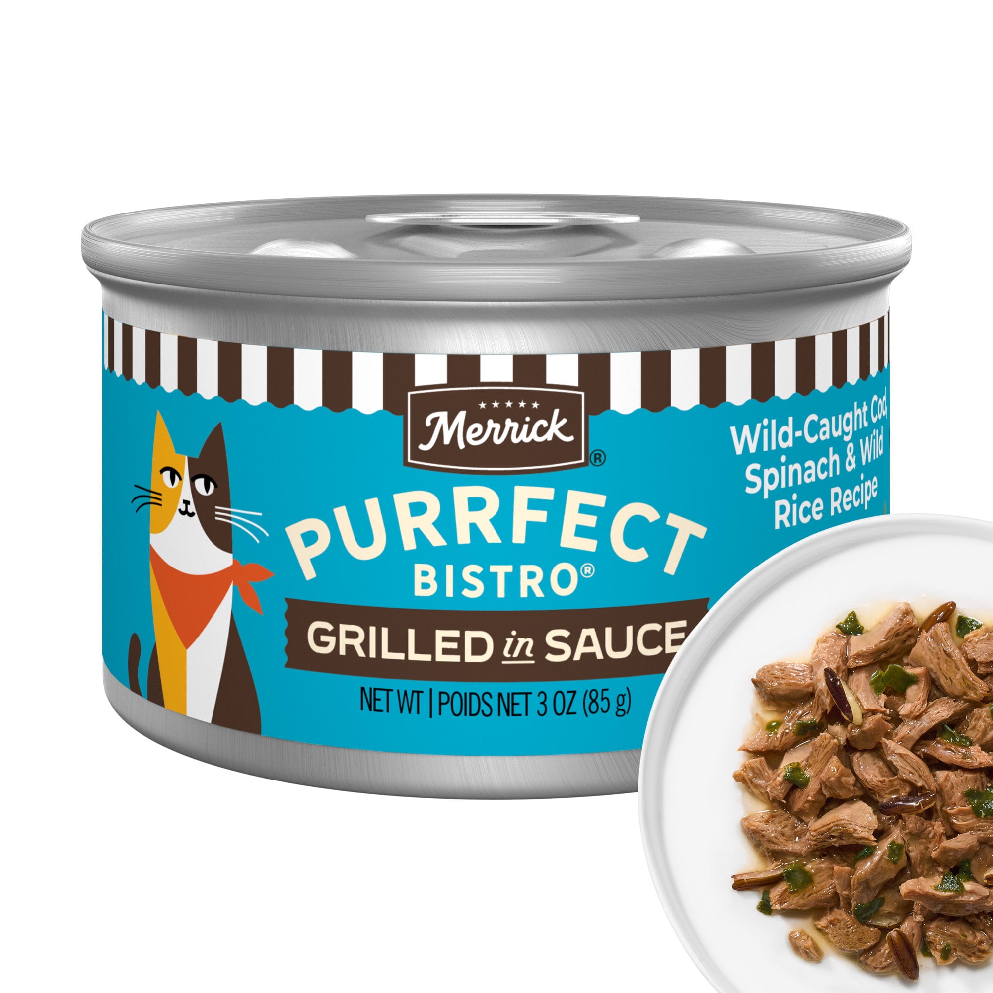 Merrick Purrfect Bistro Wild Cod, Spinach and Wild Rice Recipe in Gravy, High Protein Natural Wet Cat Food, 3 oz., Case of 24