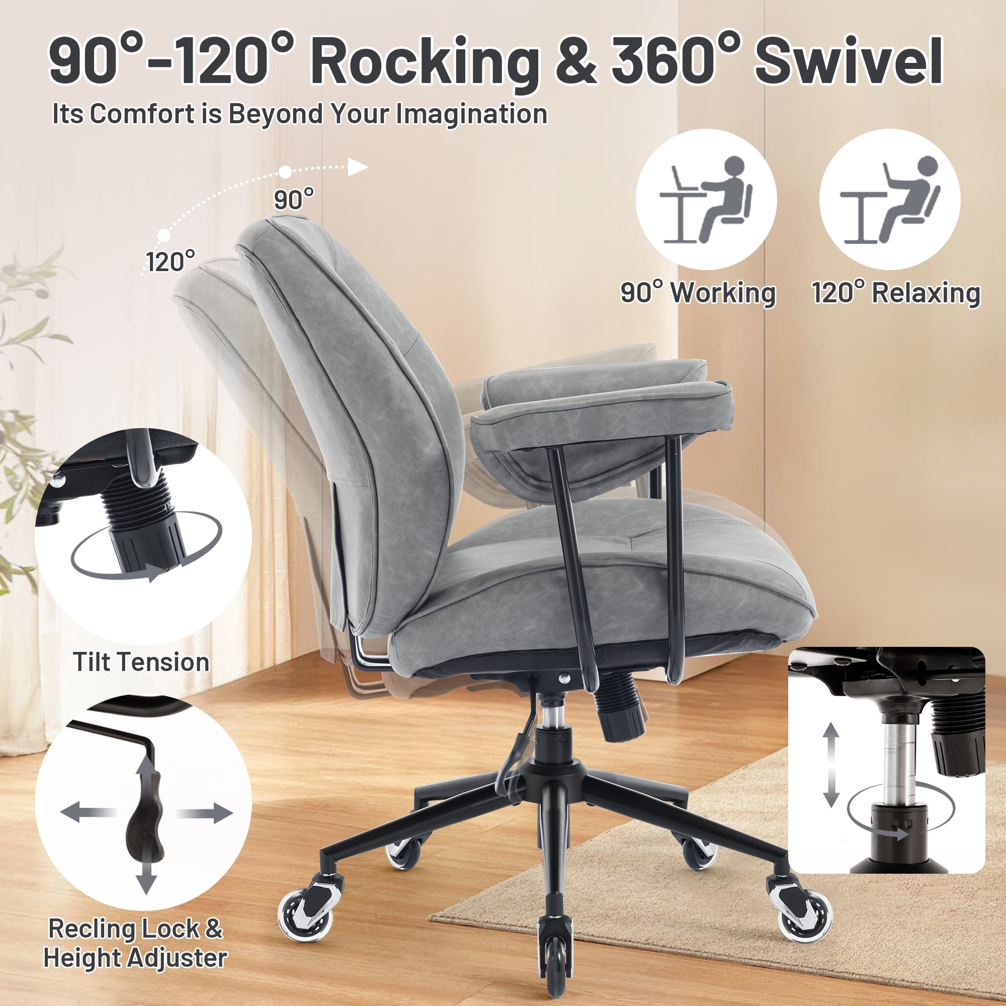 Mid Century Modern Office Desk Chair with Wheels and Arms, Mid Back Ergonomic Office Chair with Lumbar Support, Swivel Leather Computer Desk Chair for All Day Comfort