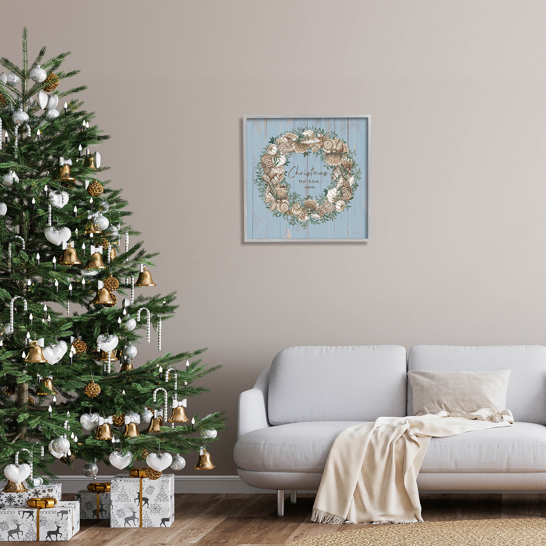 Christmas By The Sea Shell Wreath Holiday Graphic Art Gray Framed Art Print Wall Art