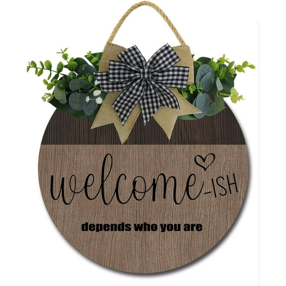 Eveokoki 12" Welcome Wreaths For Front Door Round Sign Decor Hanging Wooden Farmhouse Decoration for Home Indoor Outdoor Housewarming Gift