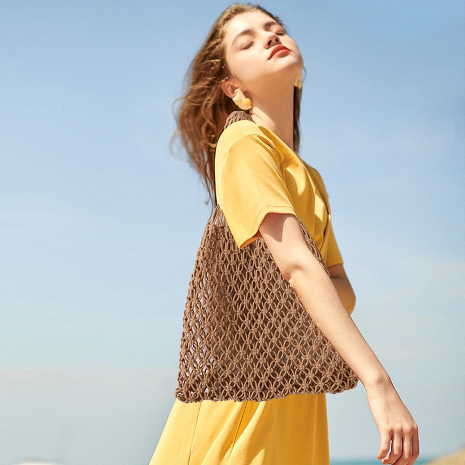 Specollect Clearance 4Pcs Crochet Backpack Flap Drawstring Shoulders Bag Summer Beach Woven Tote Bag, Straw Rattan Raffia Bucket Bag, Handmade Basket Handbag