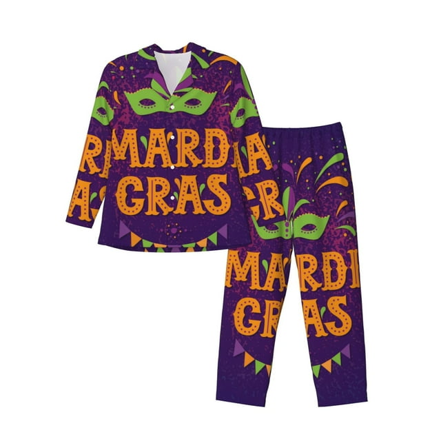 Fotbe Mardi Gras2 Pijama de Hombre con Estampado de Manga Larga, Conjunto de 2 Piezas, Ropa de Dormir Suave y Cómoda con Bolsillos-Large
