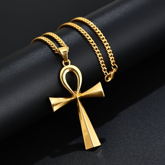 Lordgold Meaning "Life" Egyptian Ankh Pendants Necklace in 14K Yellow Gold Hieroglyph Jewelry with Chain