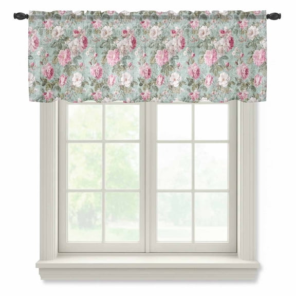 Vintage Spring Floral Sheer Curtains Valances for Windows Botanical Summer Pink Green Chiffon Kitchen Valances for Cafe, Rod Pocket Voile Window Treatments Curtains for Living Room Bedroom, 54"x18"