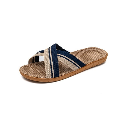 

Lacyhop Unisex Flat Sandals Summer Slides Linen Slide Sandal Indoor Outdoor Casual Shoes Flax Beach Blue C 6-7