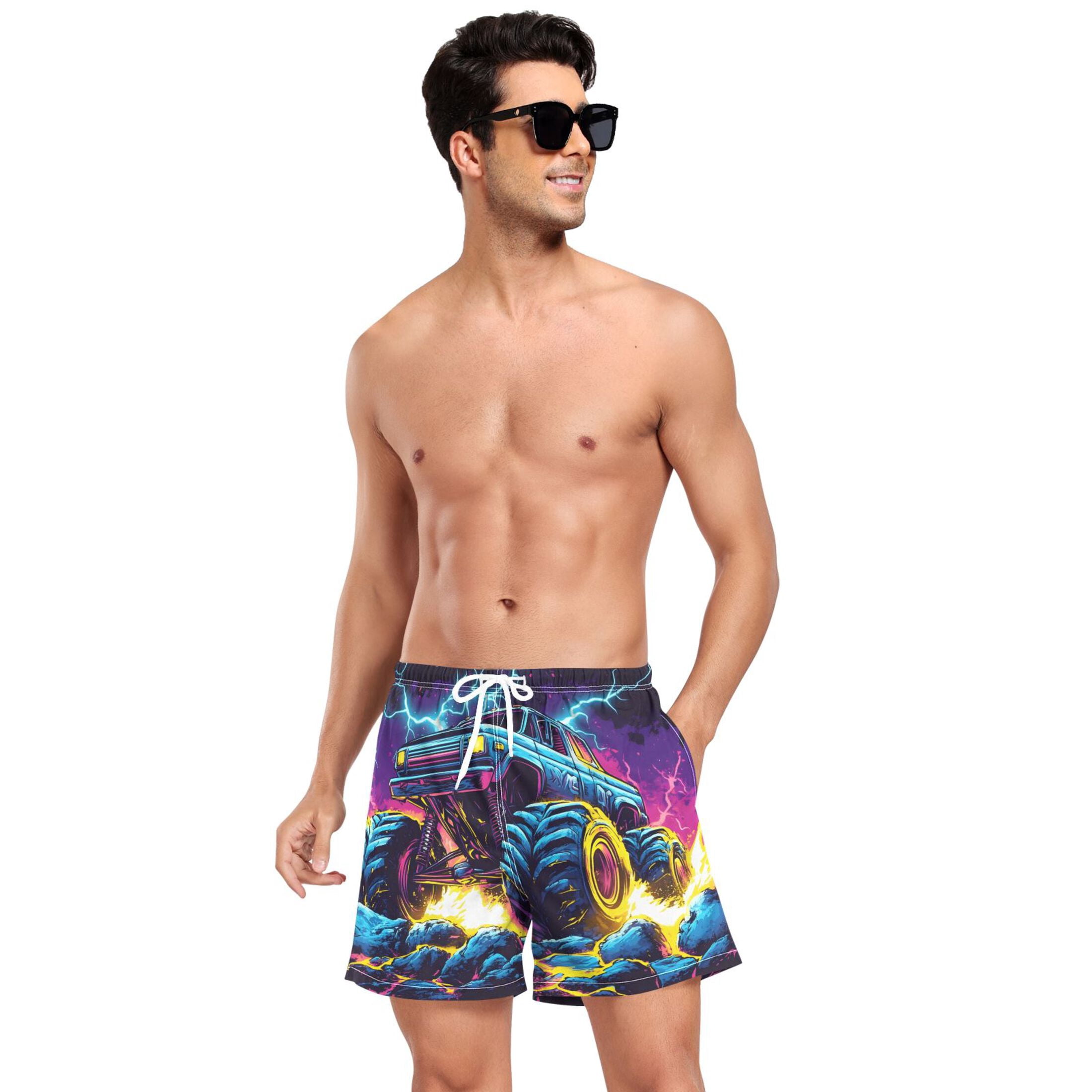joogoo Men's Monster Truck Lightning Swim Trunks with Liner Pocket Beach Shorts Large