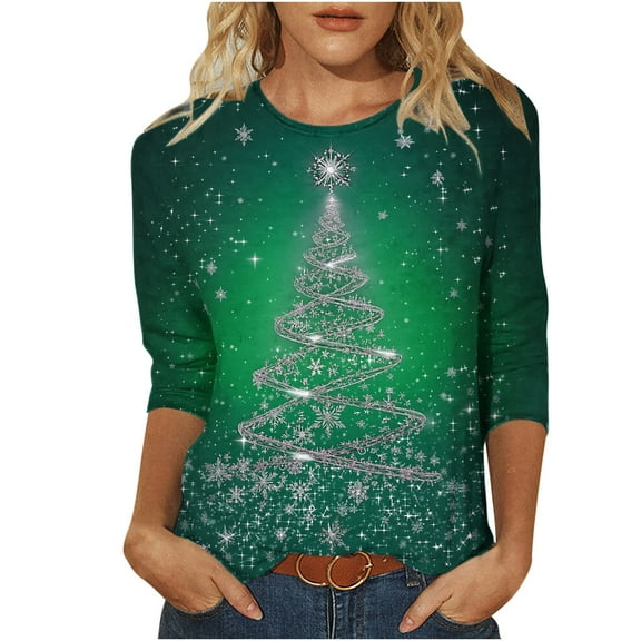 asdoklhq Oversized Tshirts for Women Fashion Casual Christmas Printed Round Neck 3/4 Sleeves T-Shirt Army Green 3X