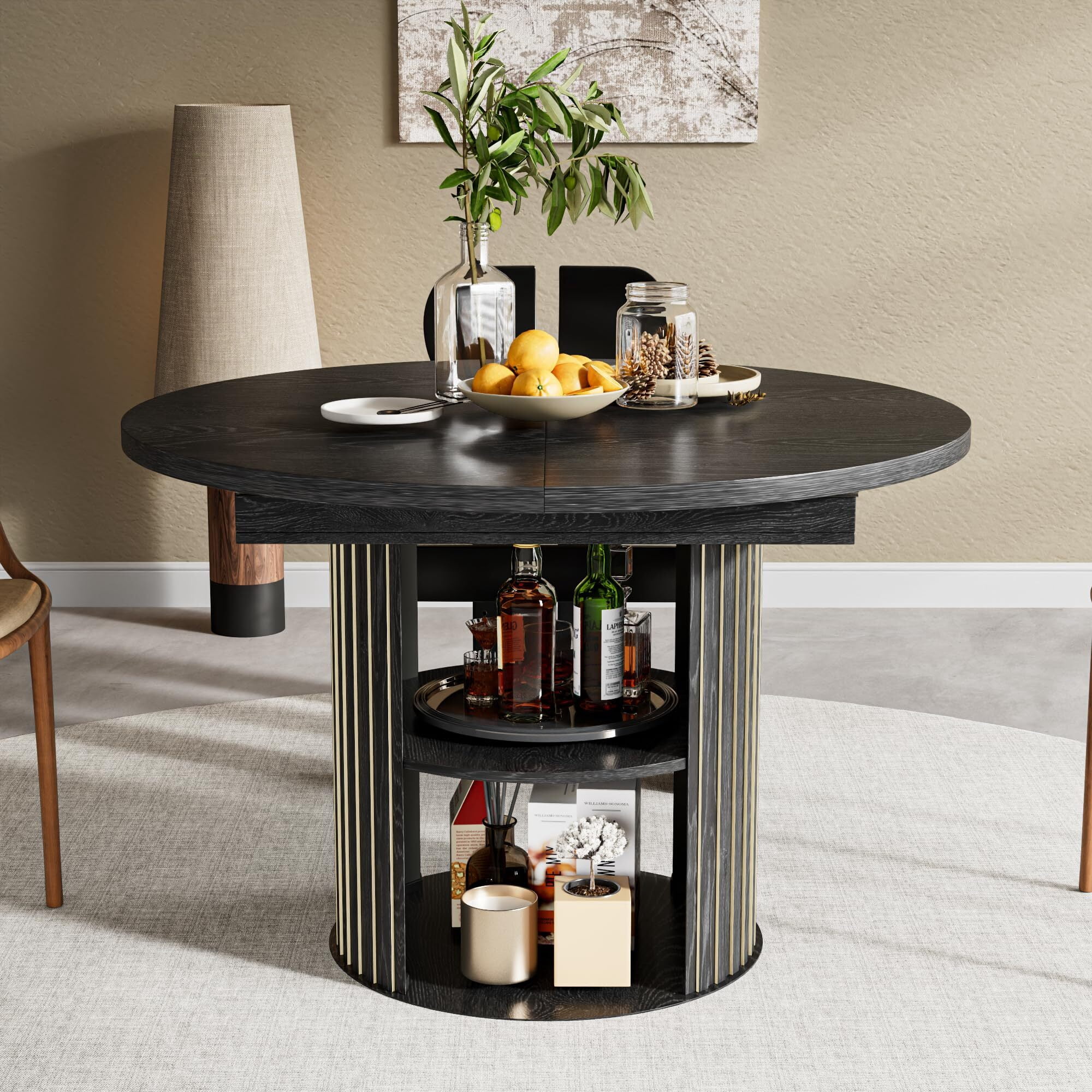 Fsbecl 43.3"-59" Extendable Wooden Round Dining Table for 4-6 with 2-Tier Storage Shelf, Black