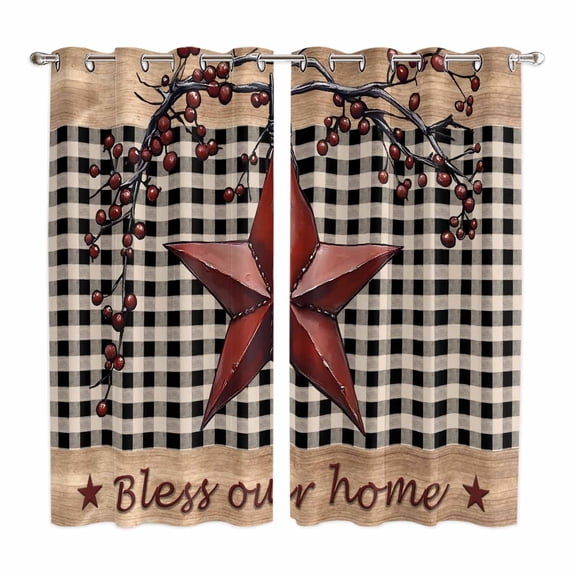 Curtains 63 Inch Length 2 Panels, Texas Star Farmhouse Grommets Window Treatment Curtain, Rustic Black Plaid Berry Wooden Thermal Curtains Drapes for Living Room/Bathroom